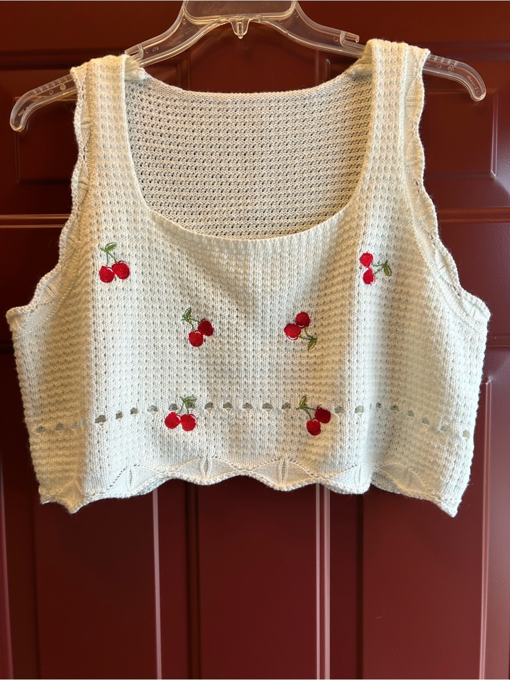 SHEIN Cream Knit Cherry Embroidered Cropped Tank